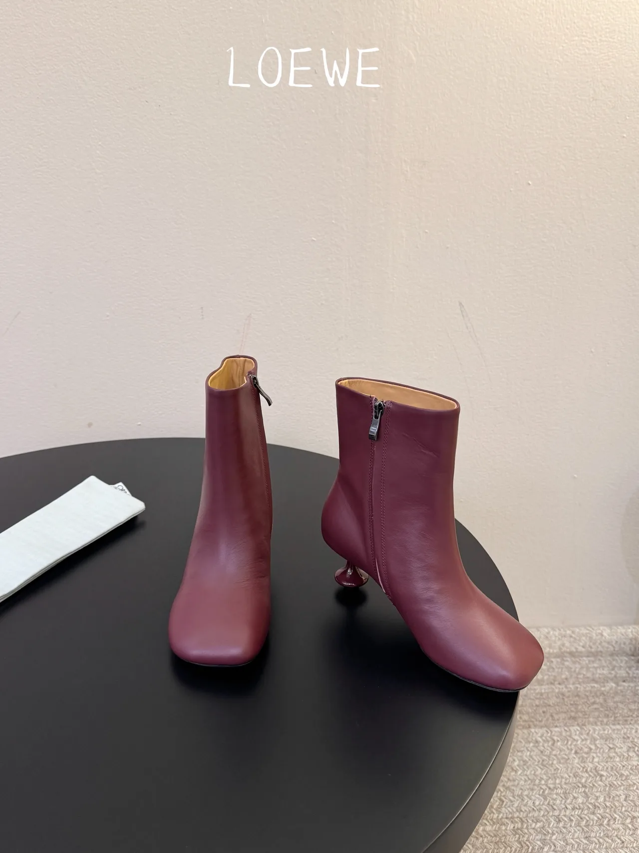 Loewe Cowhide Glossy Round-Toe Ankle Boots in Burgundy · view 2