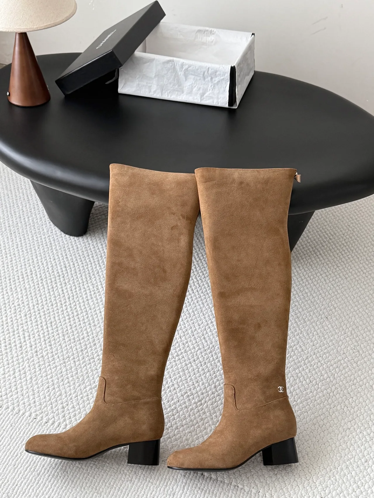 Chanel Sheepskin Matte Suede-Look Knee-High Boots in Tan · view 6
