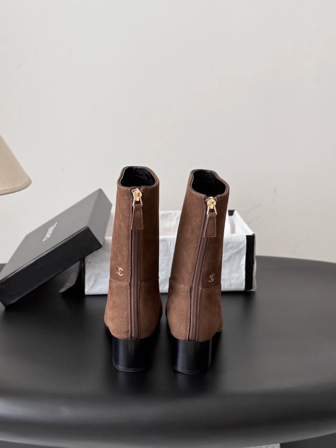 Chanel Sheepskin Glossy Suede-Look Round-Toe Ankle Boots in Brown · view 3