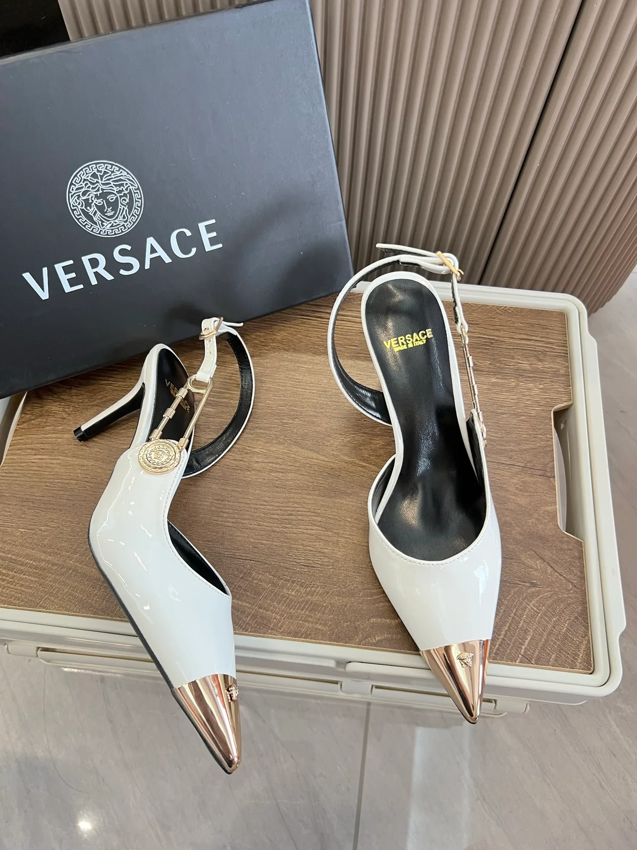 Versace Pointed-Toe Pointed Slingback Pumps in White · view 5