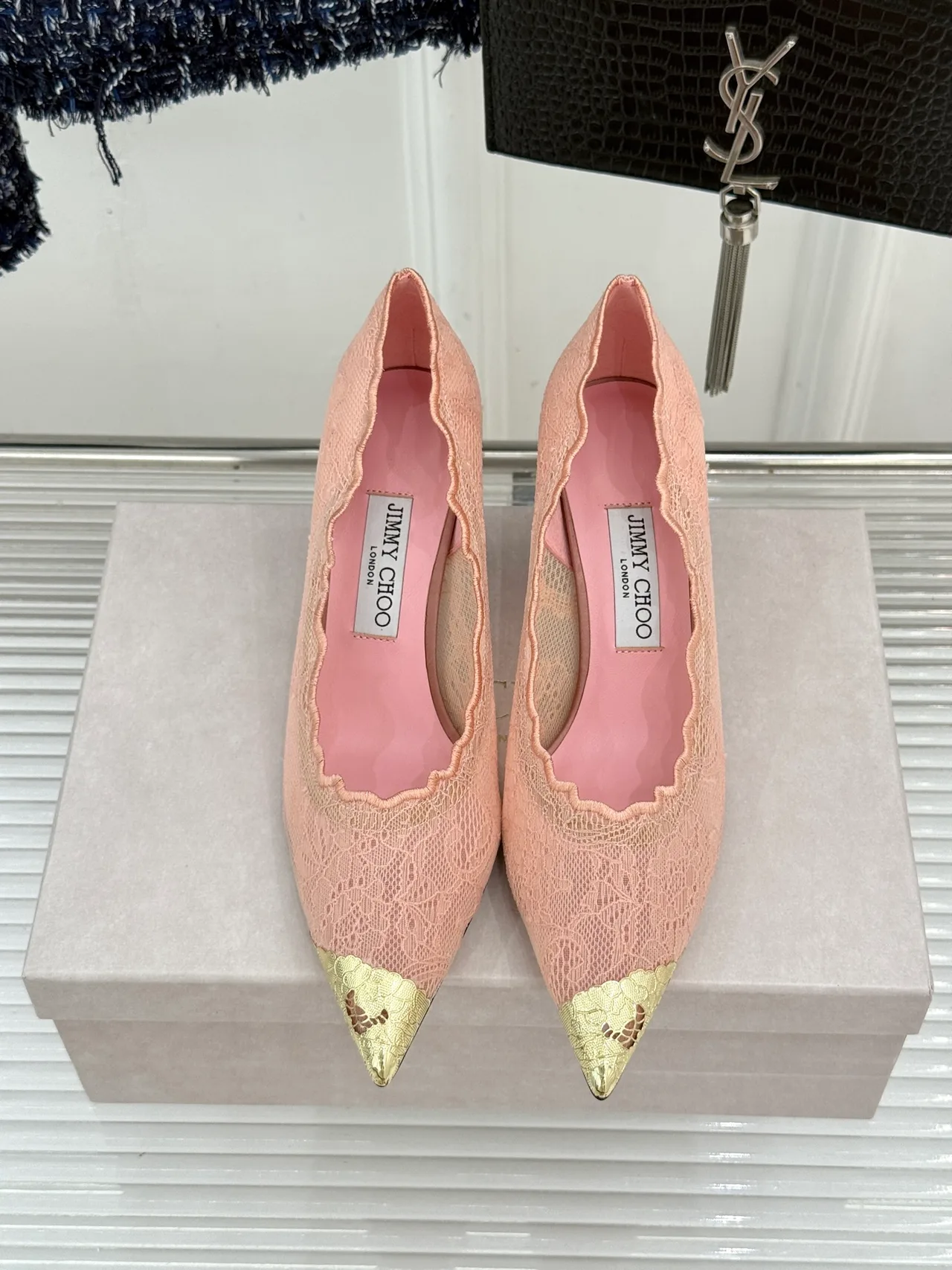 Jimmy Choo Smooth Pointed-Toe Lace Heel Pumps in Pink · view 1