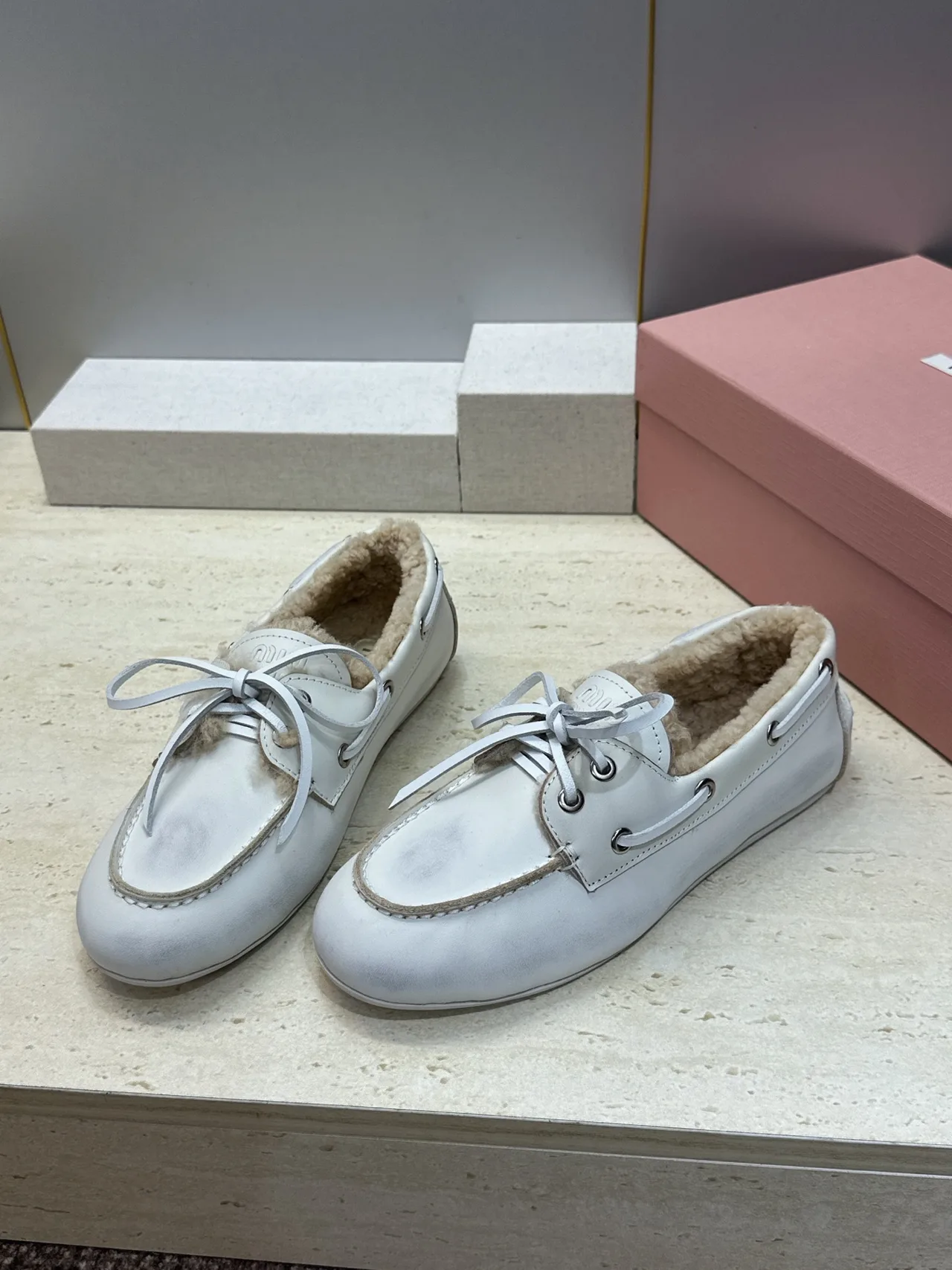 Miu Miu Calfskin Boat Shoes in White · view 3