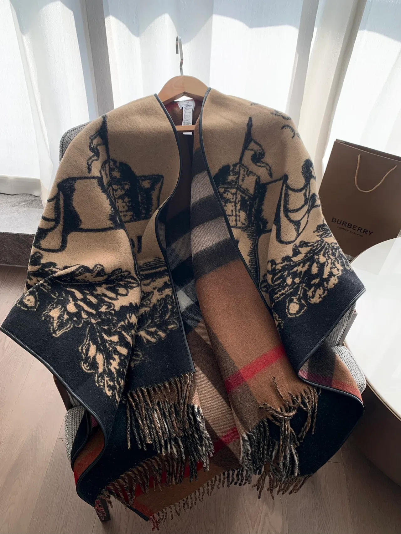 Burberry Wool Cashmere Reversible Check and Equestrian Poncho in Beige · view 5
