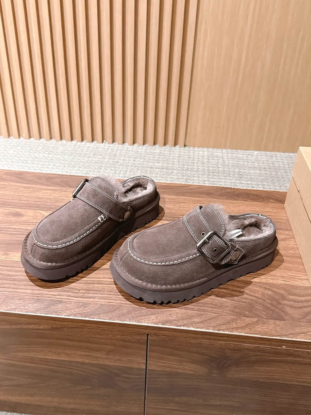 UGG Suede-Look Buckle Platform Loafer Mules in Brown · view 2