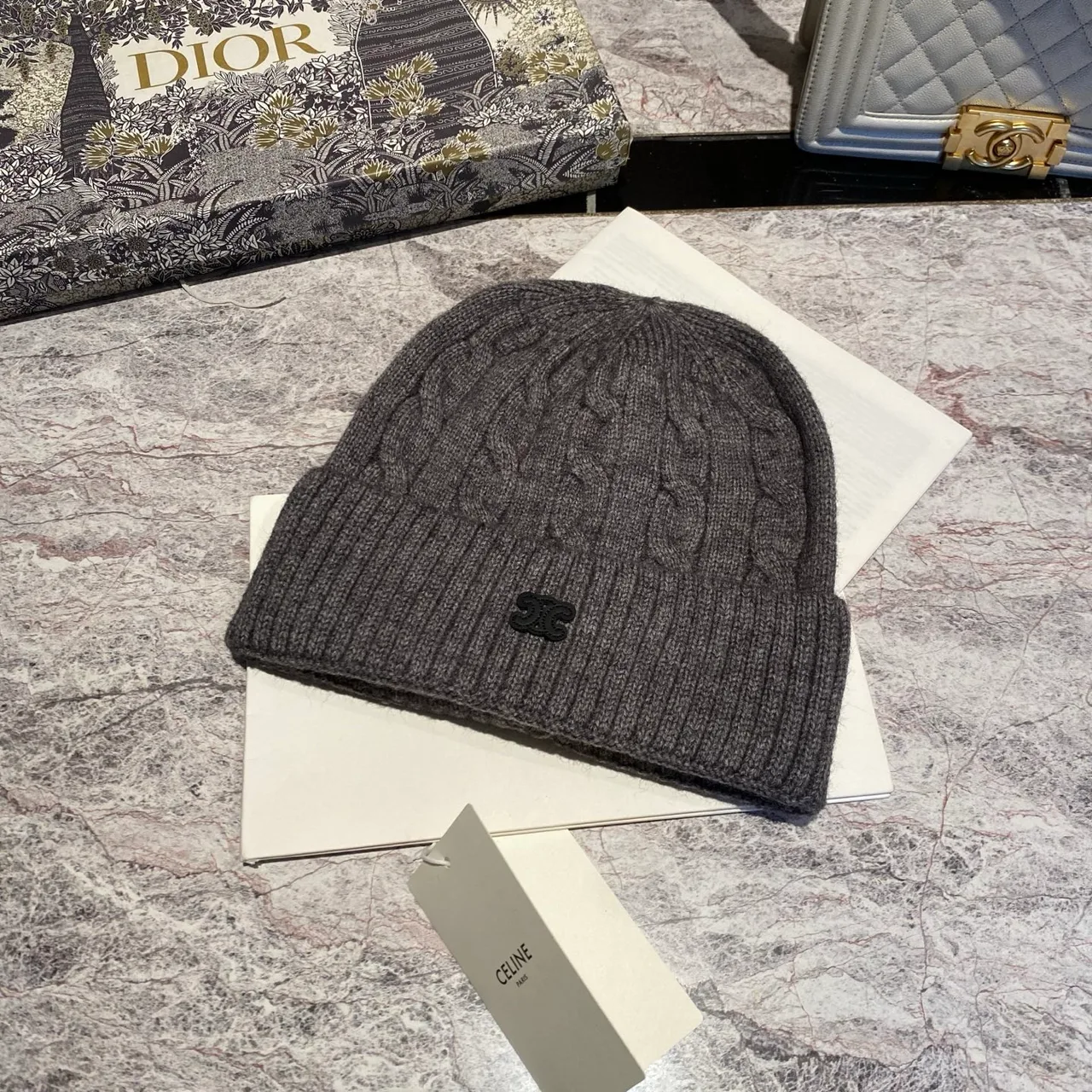 Celine Cable knit beanie in White & Black & Blue & Brown & Grey & Burgundy & Cream & Pink · view 5
