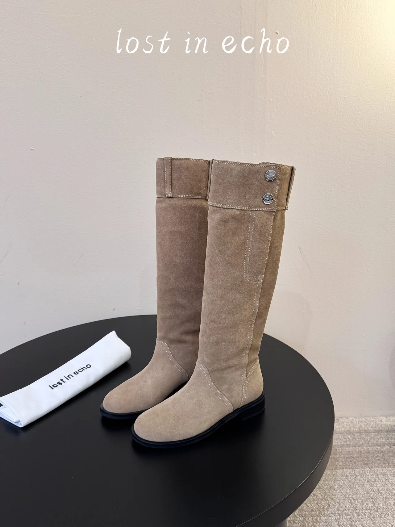 Lost in Echo Suede-Look Round-Toe Knee-High Boots in Beige · view 4