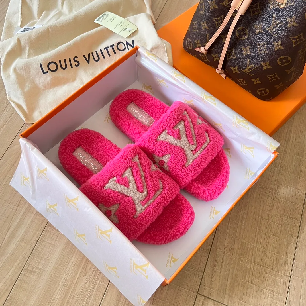 Louis Vuitton LV Plush Slides in Brown / Black / Pink / White / Grey / Green · view 4