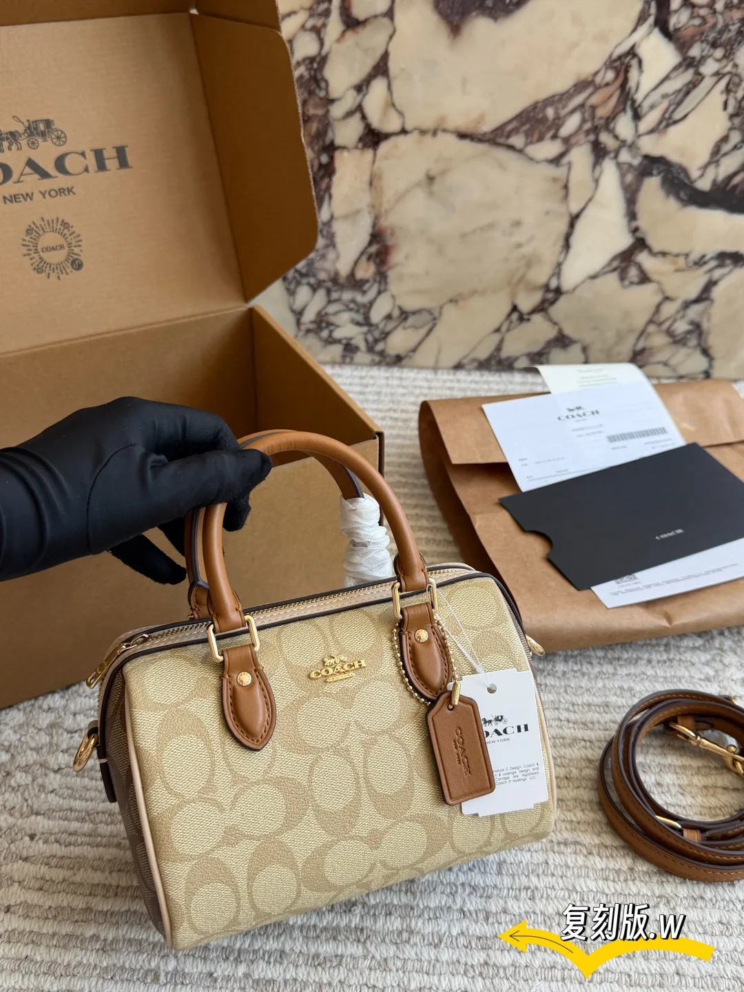 Coach Mini Rowan Satchel in Beige & White & Tan & Black · view 3