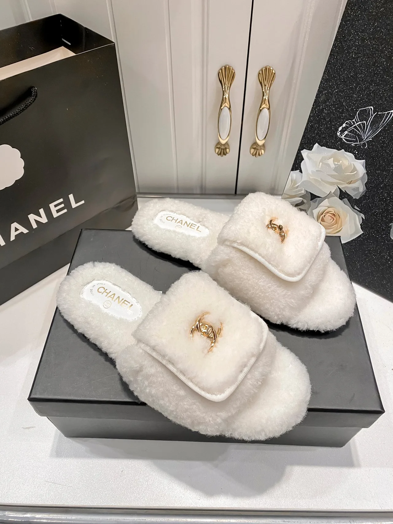 Chanel Faux-Fur Slippers in Black & White & Beige · view 3