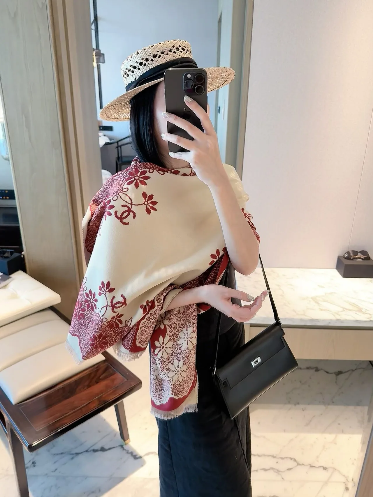 Chanel Camellia Border Shawl in Beige · view 3
