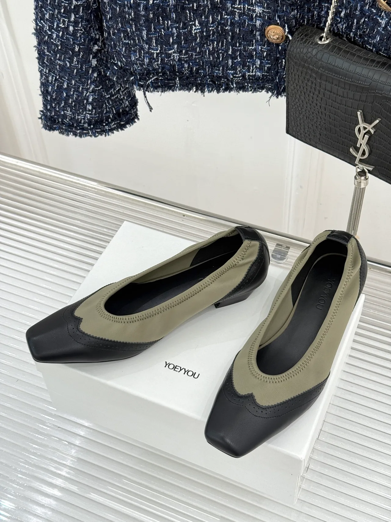 YOEYYOU Lambskin Denim Square-Toe Block-Heel Shoes in Black · view 2