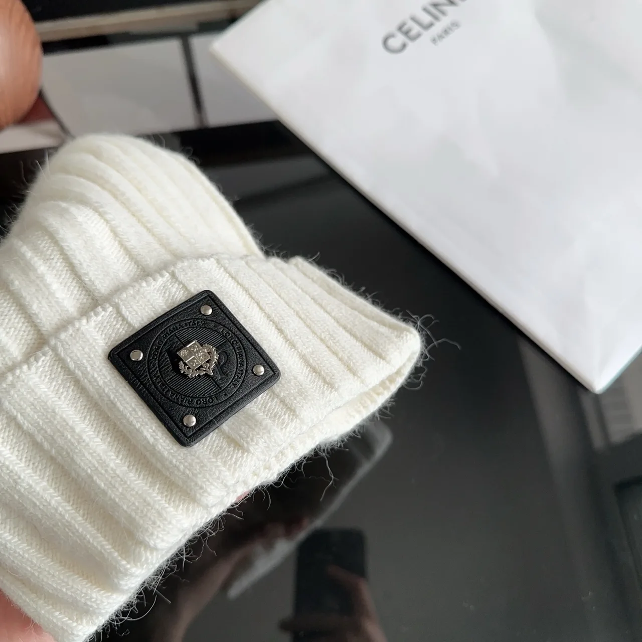 Celine Ribbed Beanie in Cream · view 7