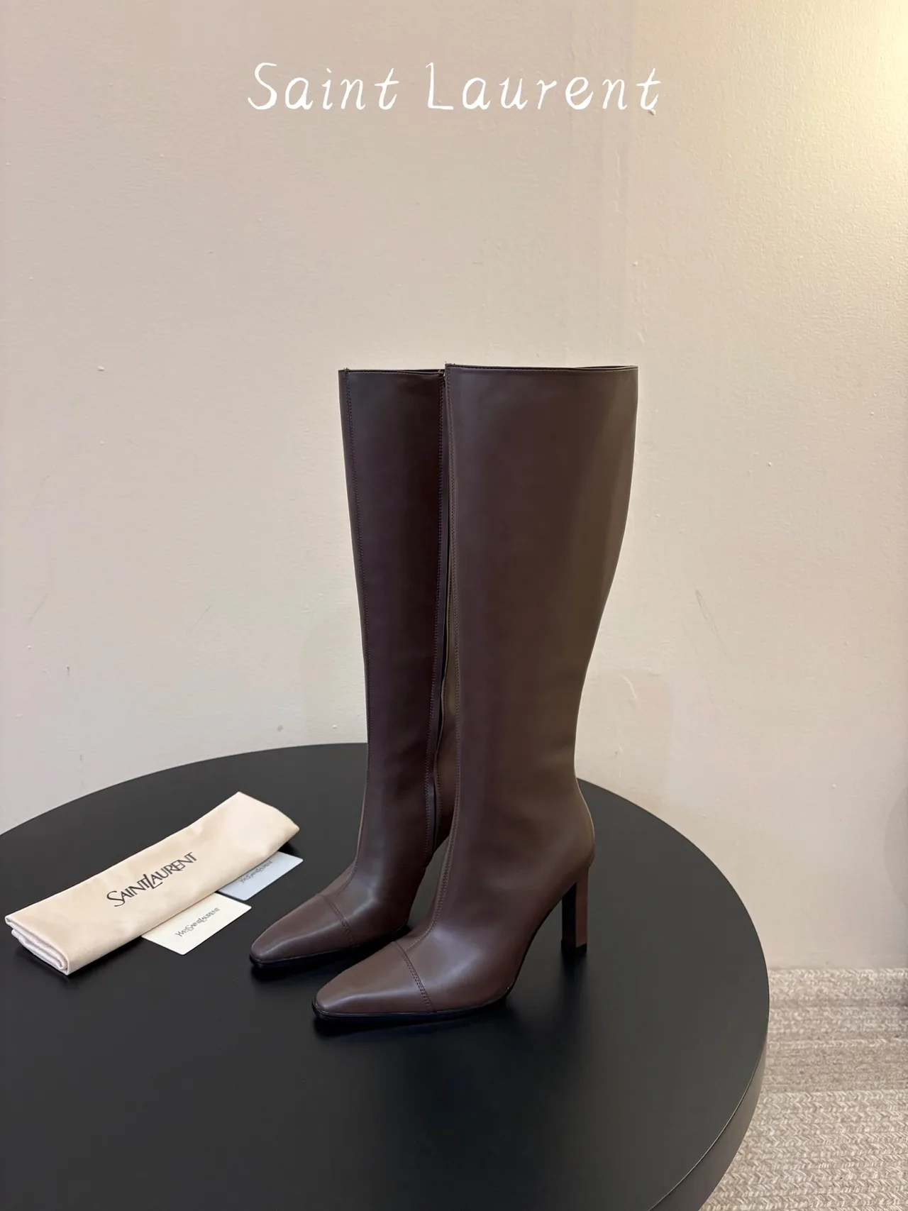 Saint Laurent Cowhide Sheepskin Glossy Pointed-Toe Knee-High Boots in Brown · view 5