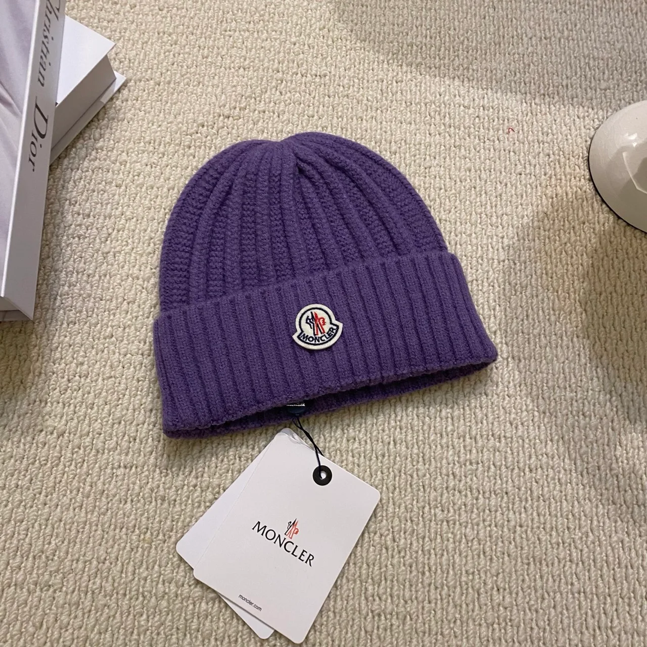 Moncler Ribbed Beanie in Black & White & Grey & Purple & Burgundy · view 5