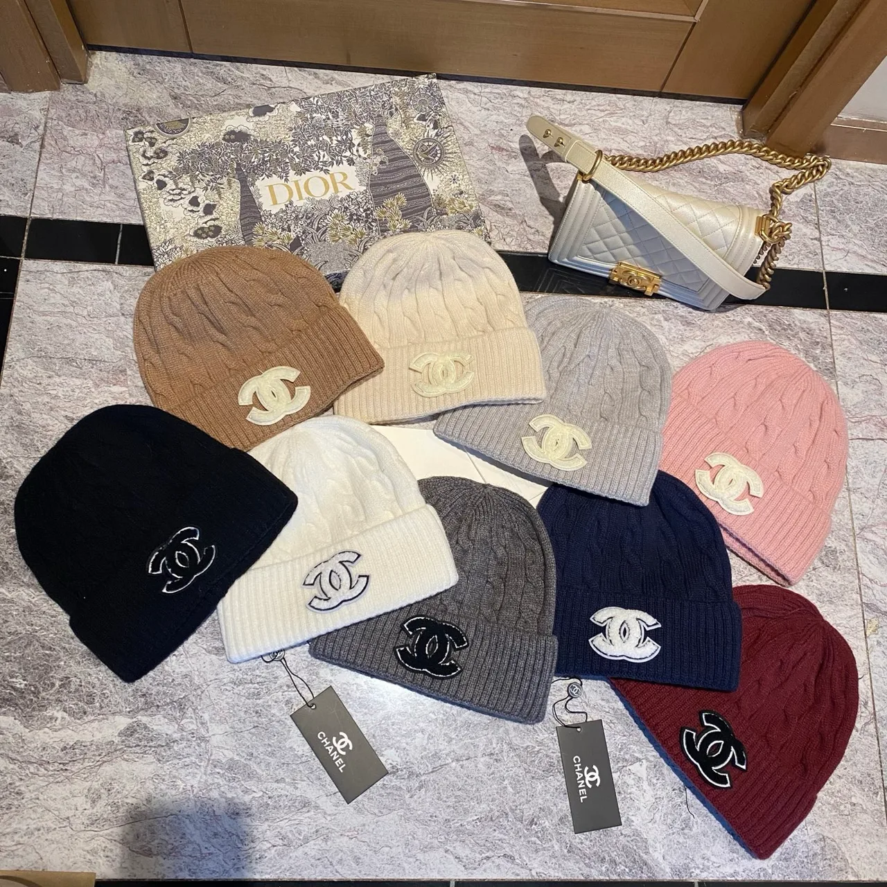 Chanel CC Cable-Knit Beanie in Brown / White / Grey / Pink / Black / Blue / Red · view 4