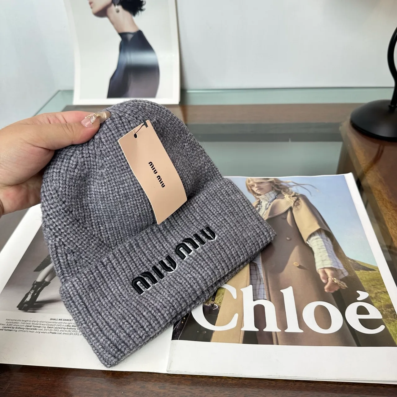 Miu Miu Ribbed Embroidered Beanie in Grey · view 6