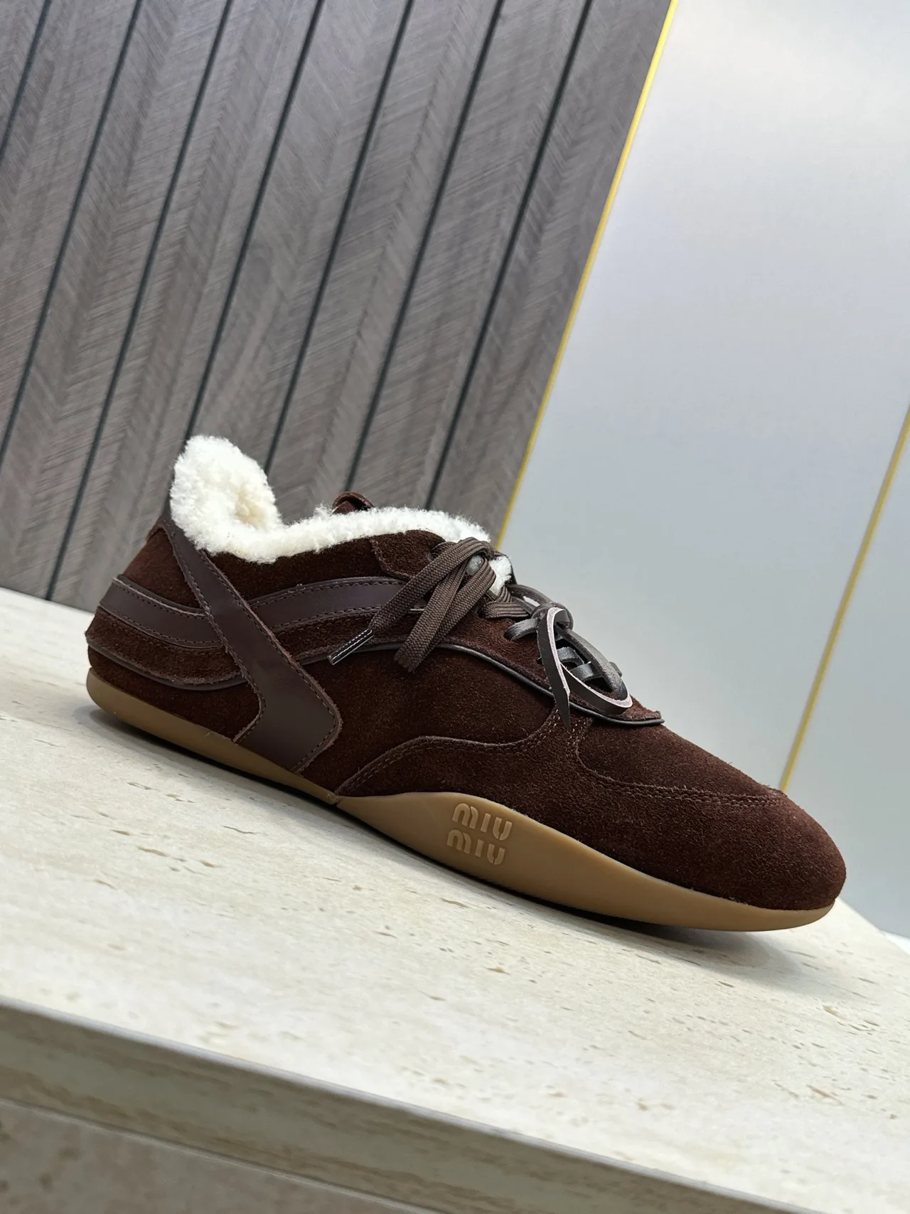 Miu Miu Suede-Look Round-Toe Sneakers in Brown · view 7