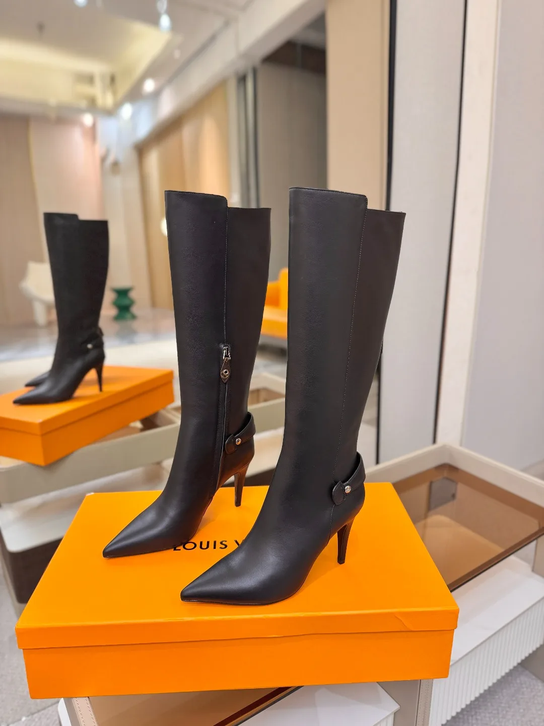 Louis Vuitton Calfskin Glossy Pointed-Toe Buckle Knee-High Stiletto Boots in Black · view 3