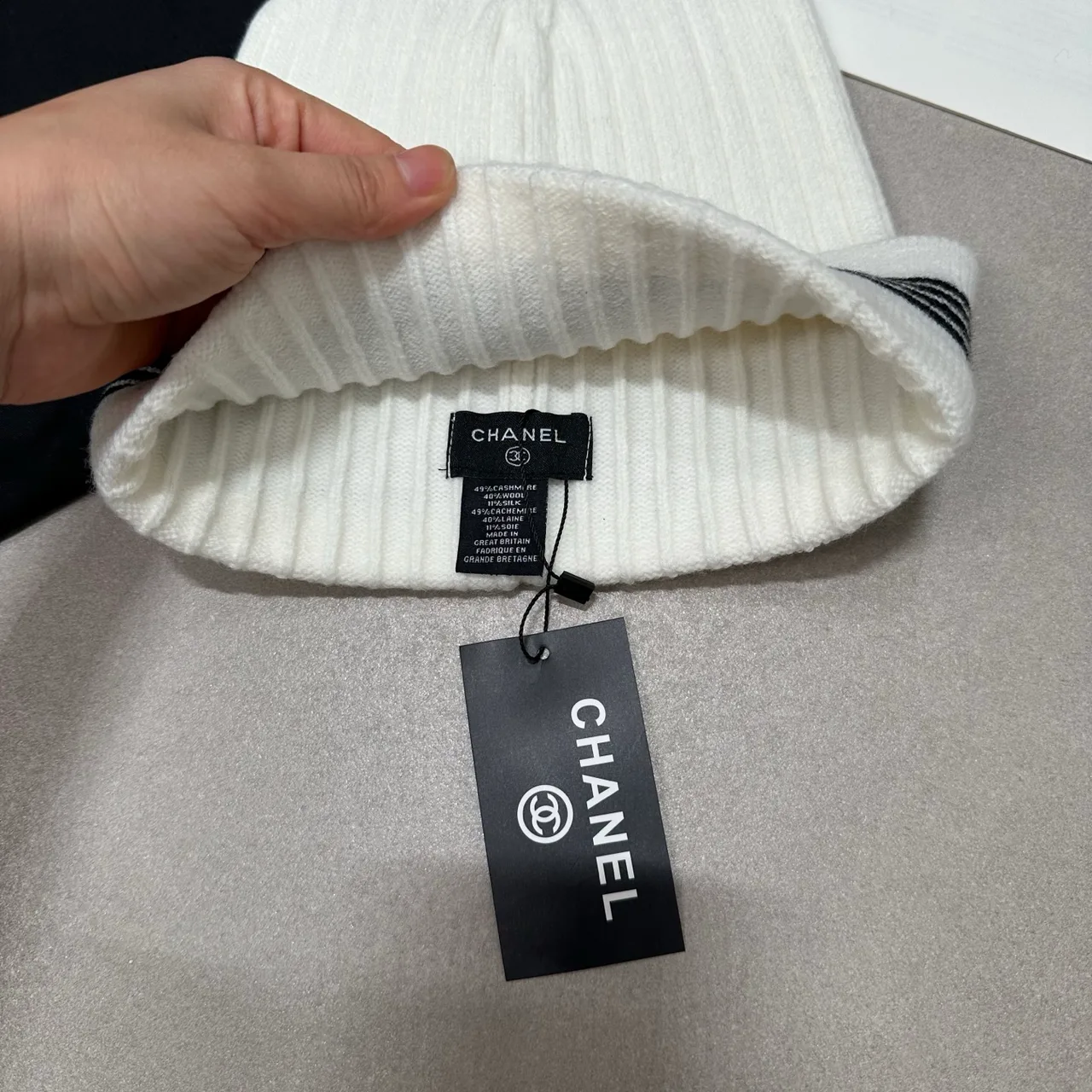 Chanel Striped CC knit beanie in Black & White · view 5