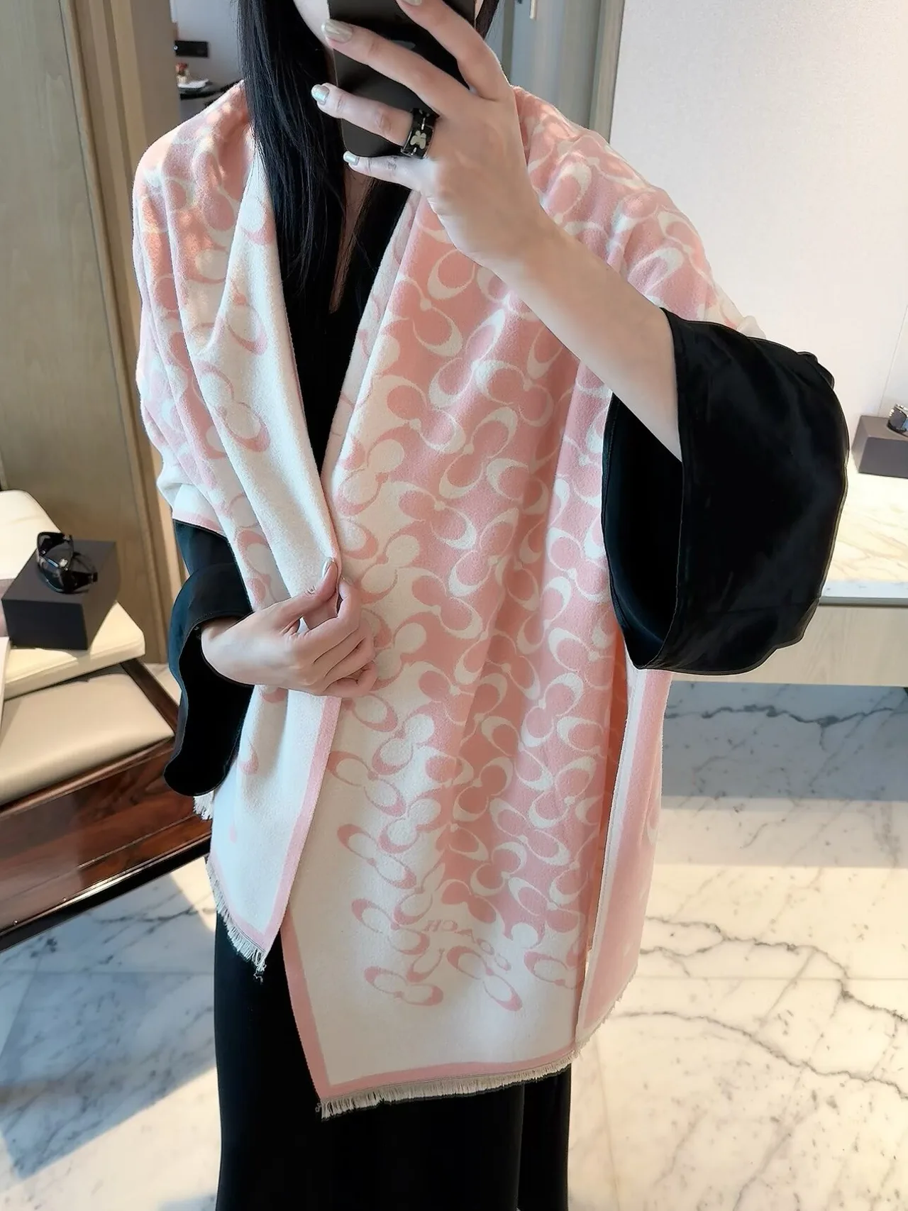 Coach Reversible C-pattern fringed scarf in Pink & Black · view 3