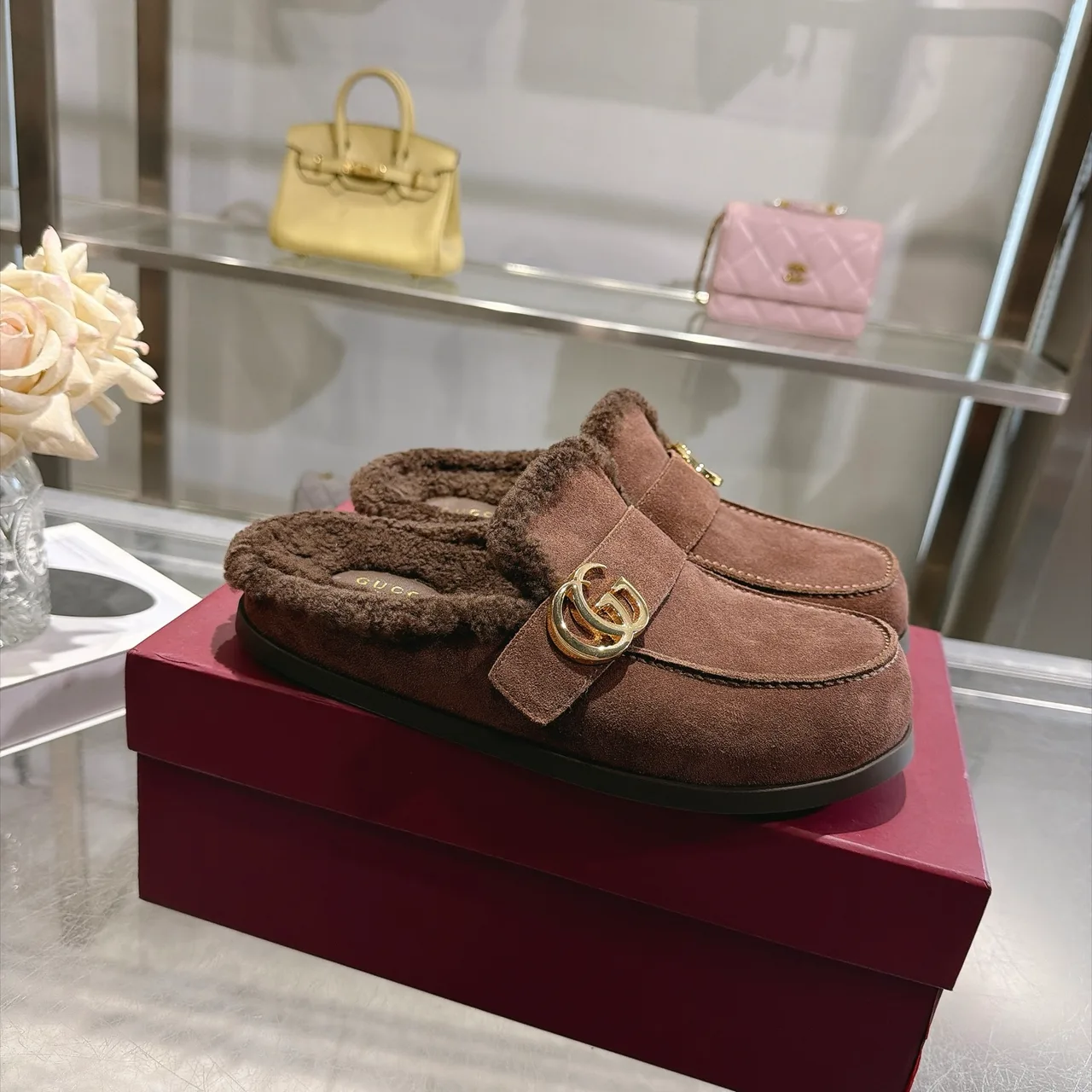 Gucci Cowhide Wool Suede-Look Buckle Mules in Brown · view 1