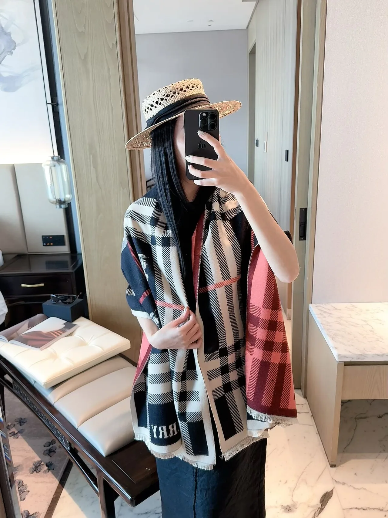 Burberry Check Equestrian Shawl in Beige & Red & Black · view 3
