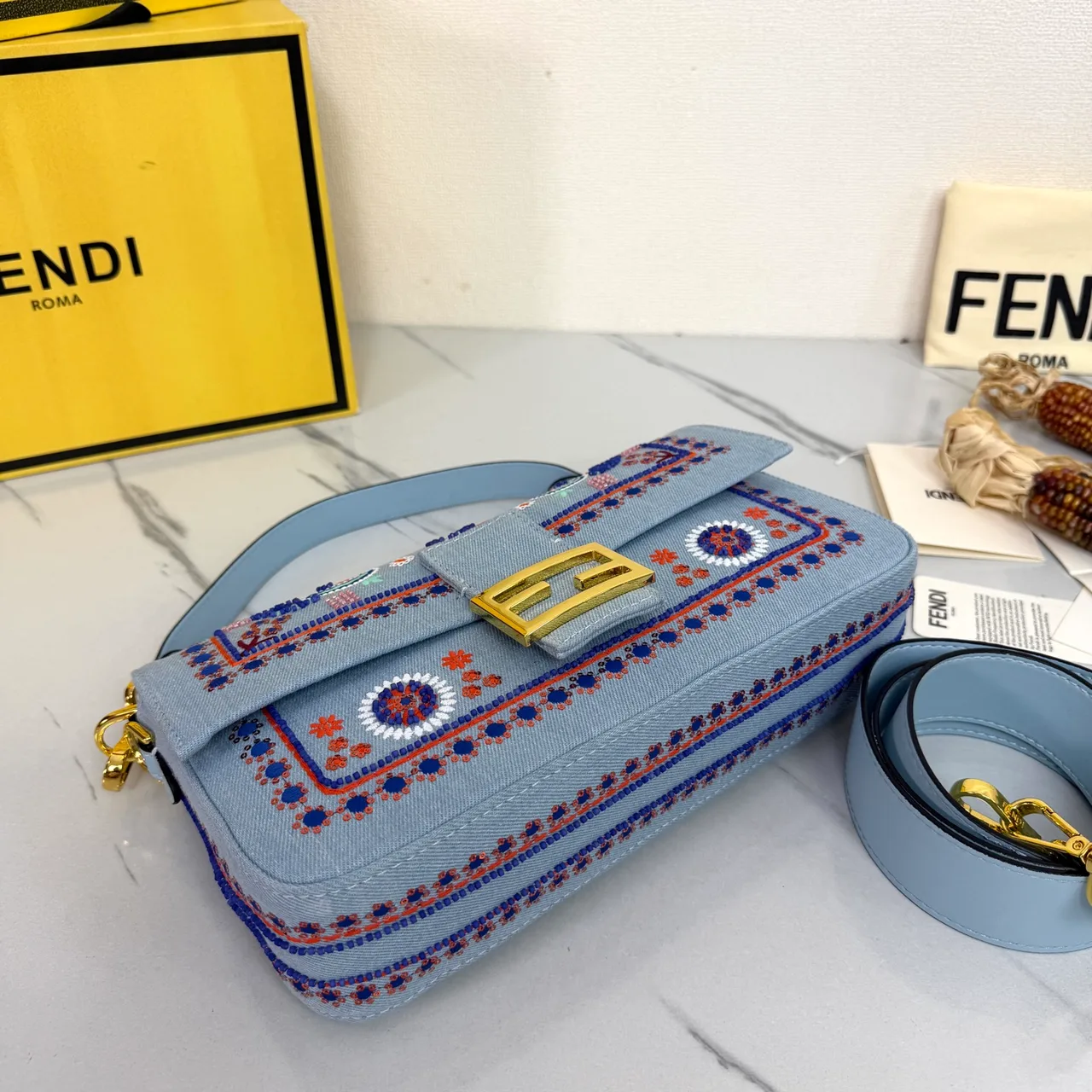 Fendi Baguette Embroidered Floral Flap Shoulder Bag in Blue · view 5