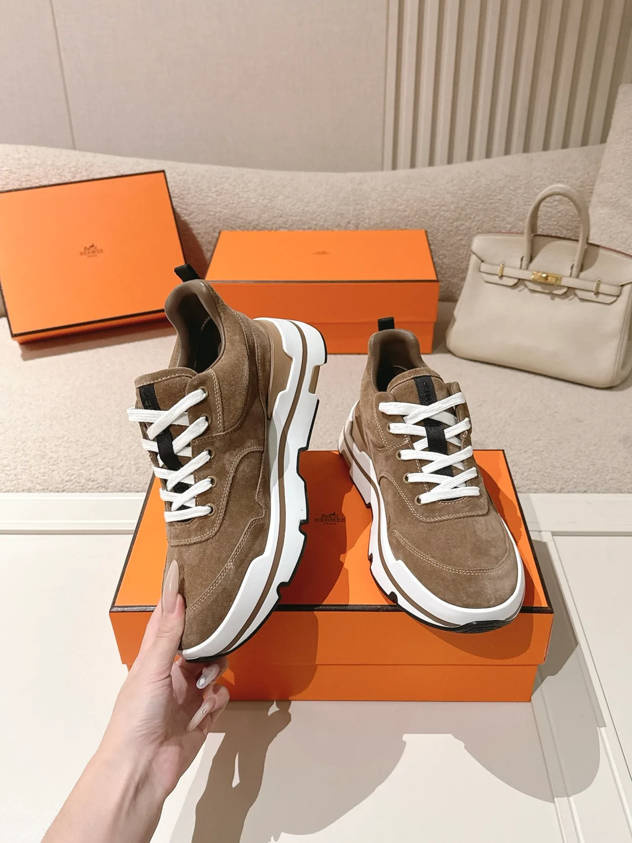 Hermes Calfskin Suede-Look Sneakers in Brown · view 4