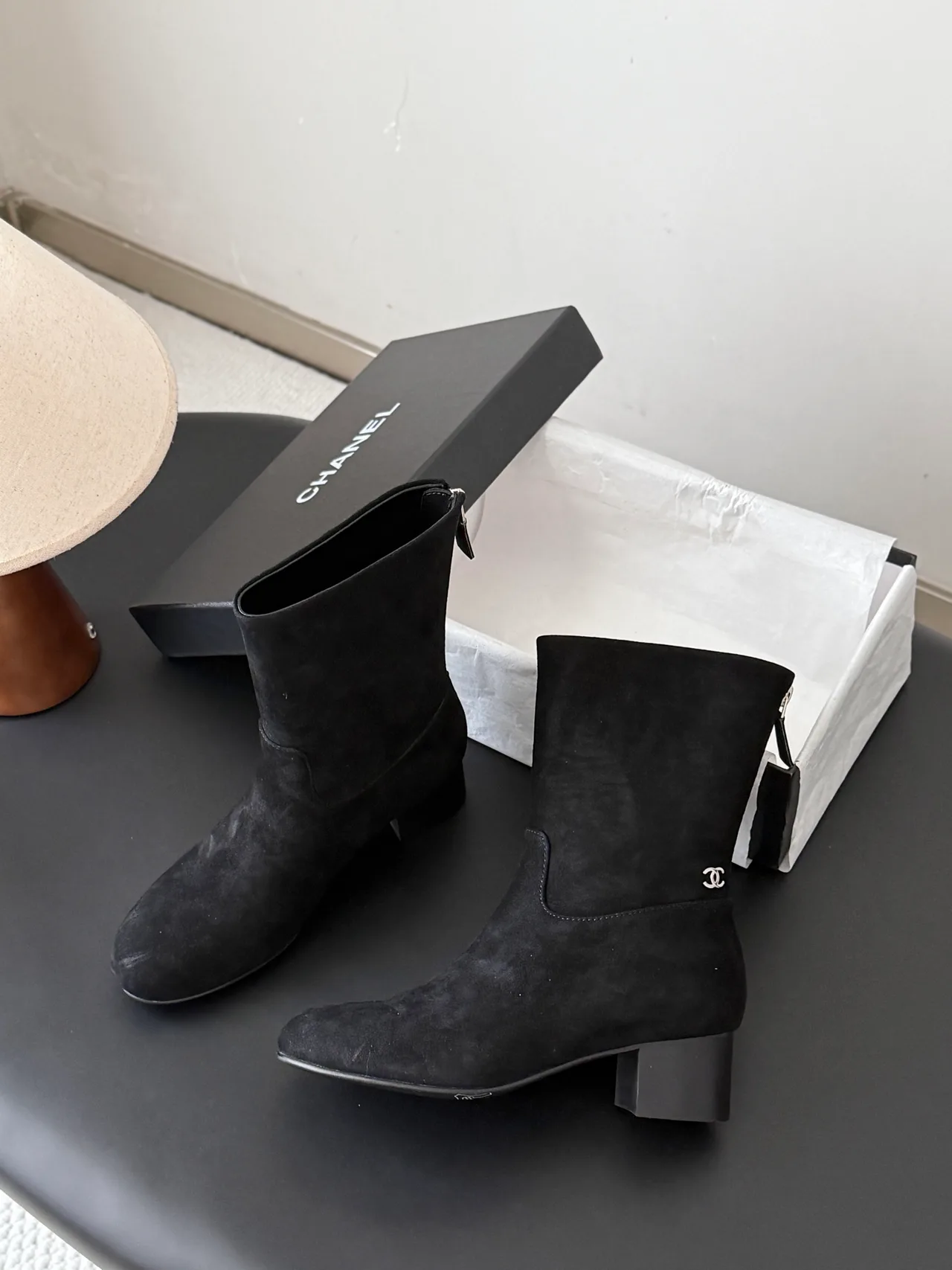 Chanel Sheepskin Suede-Look Round-Toe Ankle Boots in Black · view 3