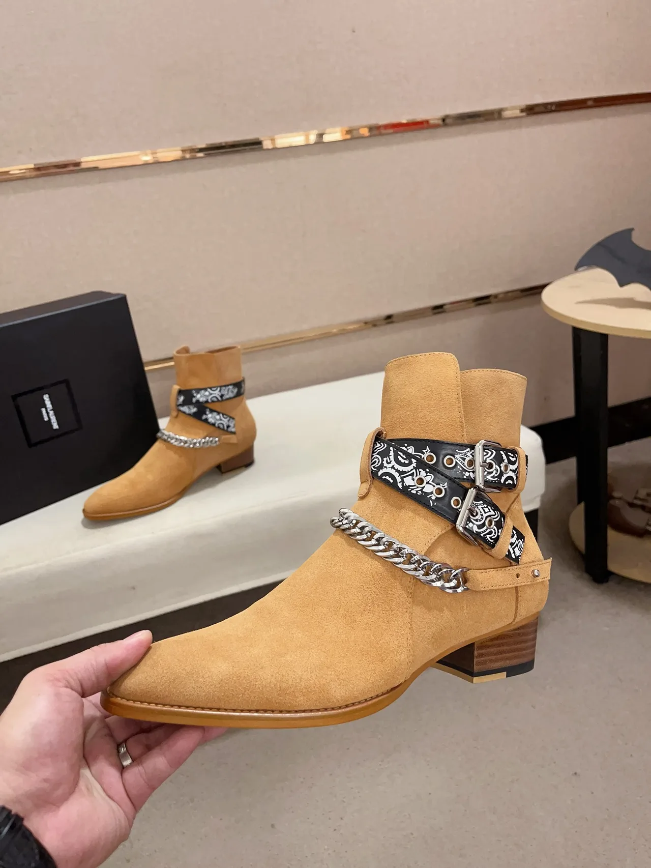 AMIRI Cowhide Suede-Look Pointed-Toe Bandana Strap Ankle Boots in Brown · view 3