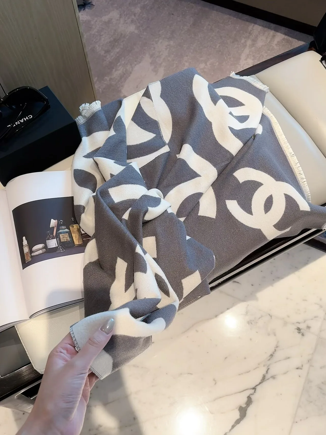 Chanel CC Jacquard Scarf in Grey & Black & Red · view 1
