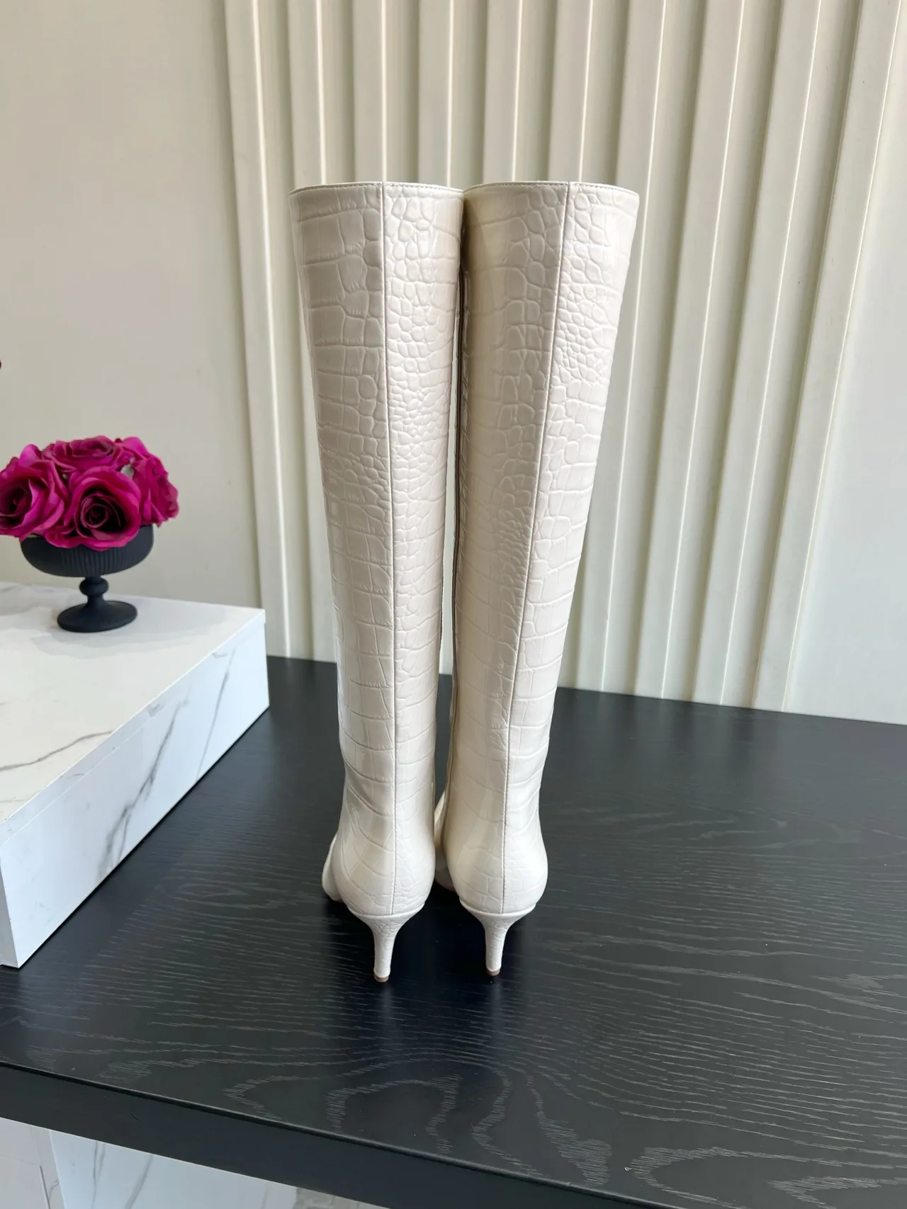 Amina Muaddi Cowhide Knee-High Boots in Cream · view 2