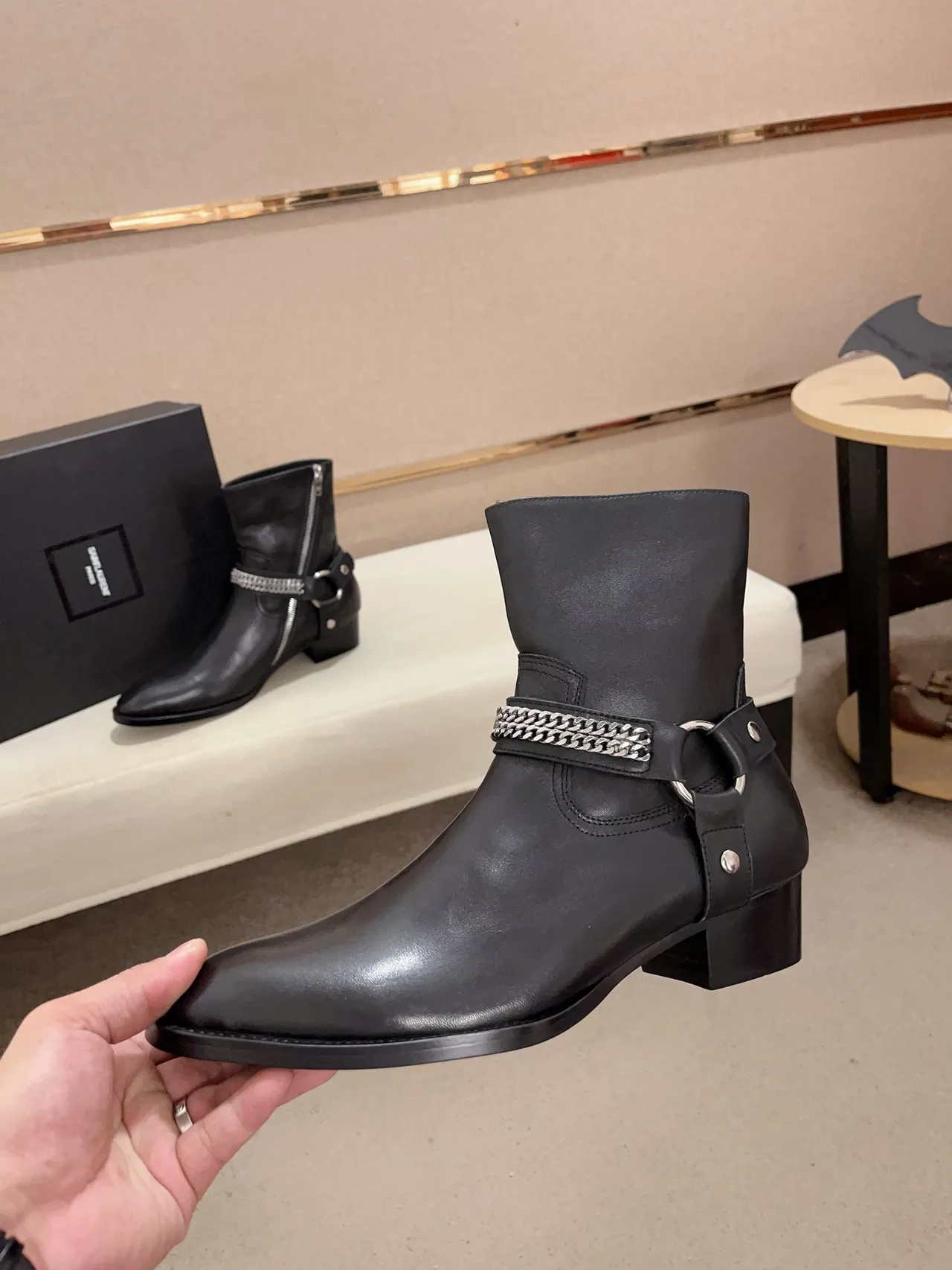 Saint Laurent Cowhide Pointed-Toe Ankle Boots in Black · view 3