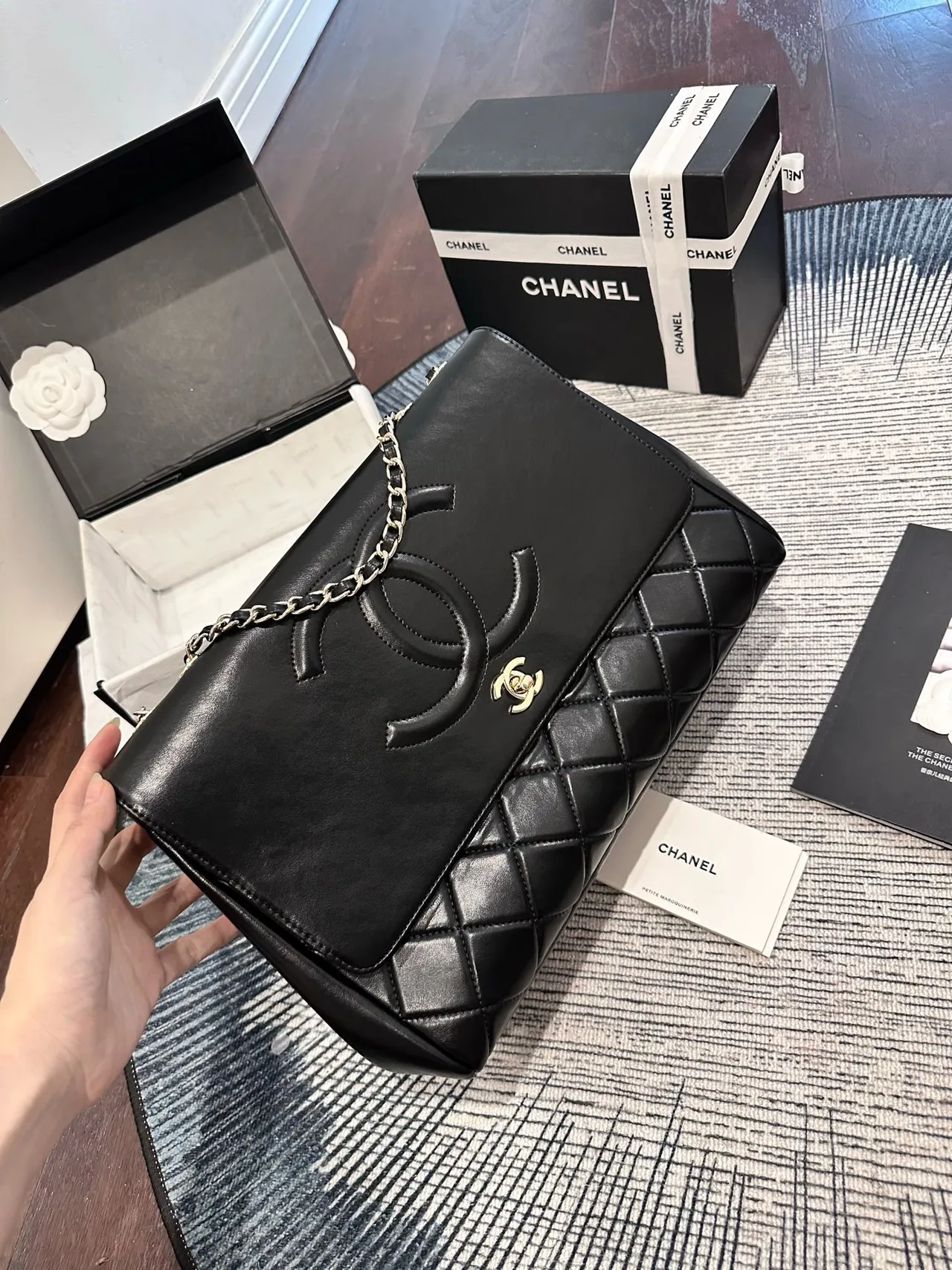 Chanel Sheepskin Embossed Handbag in Black · view 1