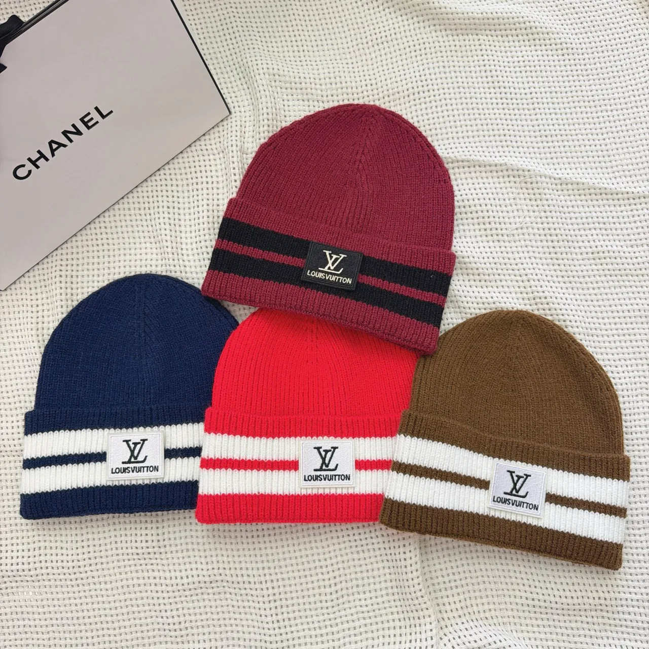 Louis Vuitton Striped monogram knit beanie in Grey & Black & Blue & Burgundy & Brown & Red & White · view 8
