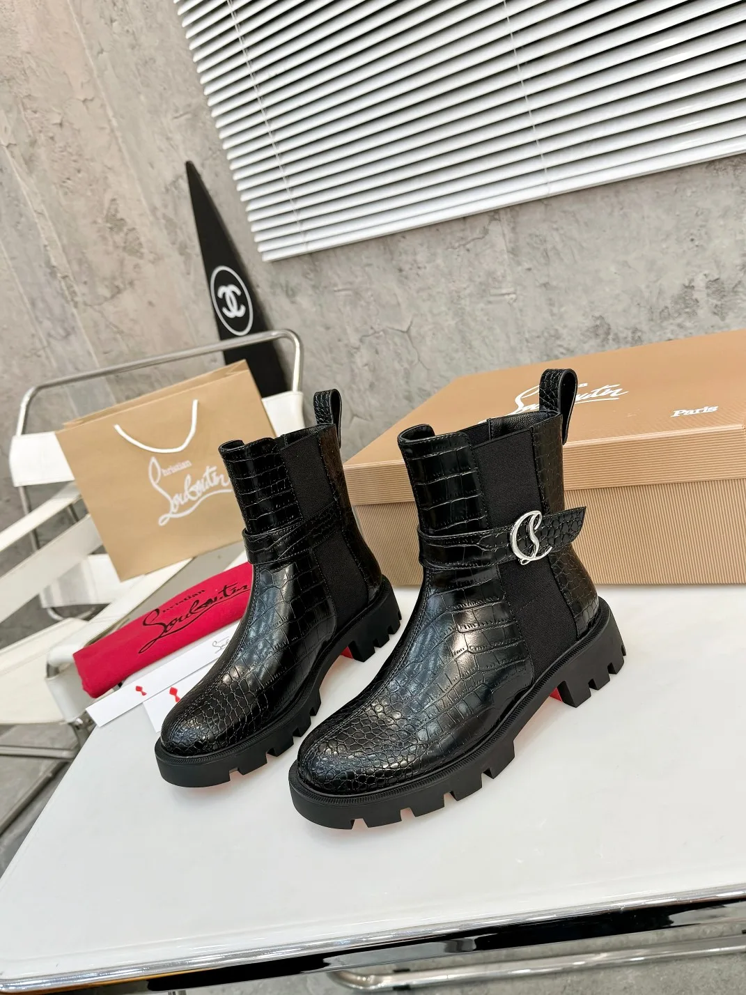 Christian Louboutin Glossy Buckle Ankle Boots in Black · view 4