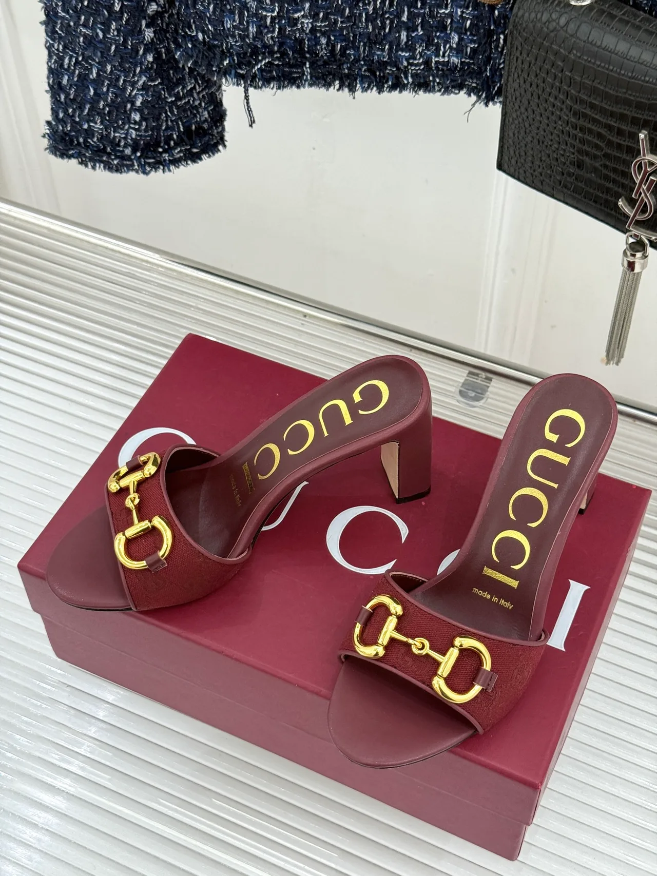 Gucci Canvas Denim Glossy Buckle Mules in Burgundy · view 2