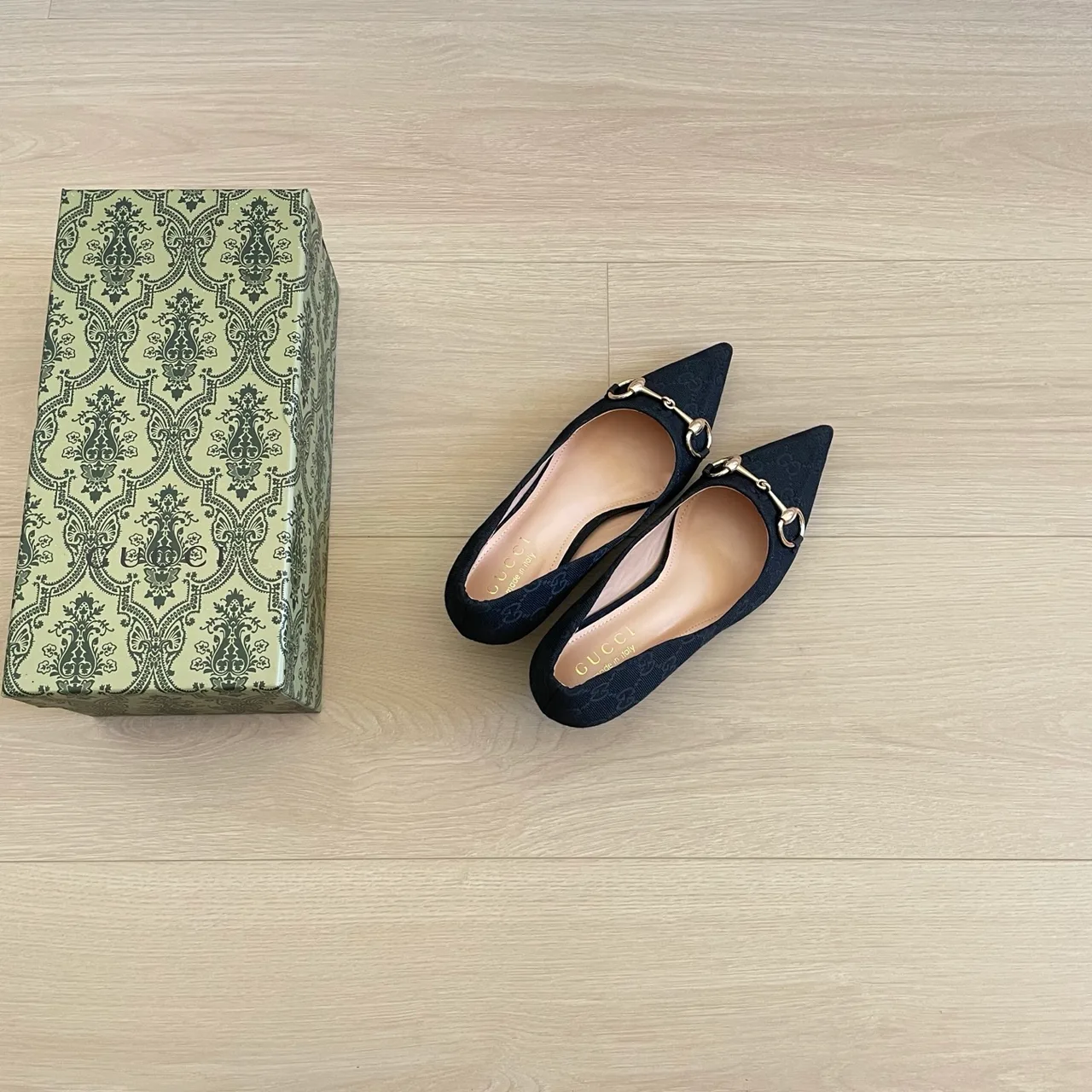 Gucci Canvas Pointed-Toe Buckle Horsebit Kitten Heel Pumps in Black · view 5