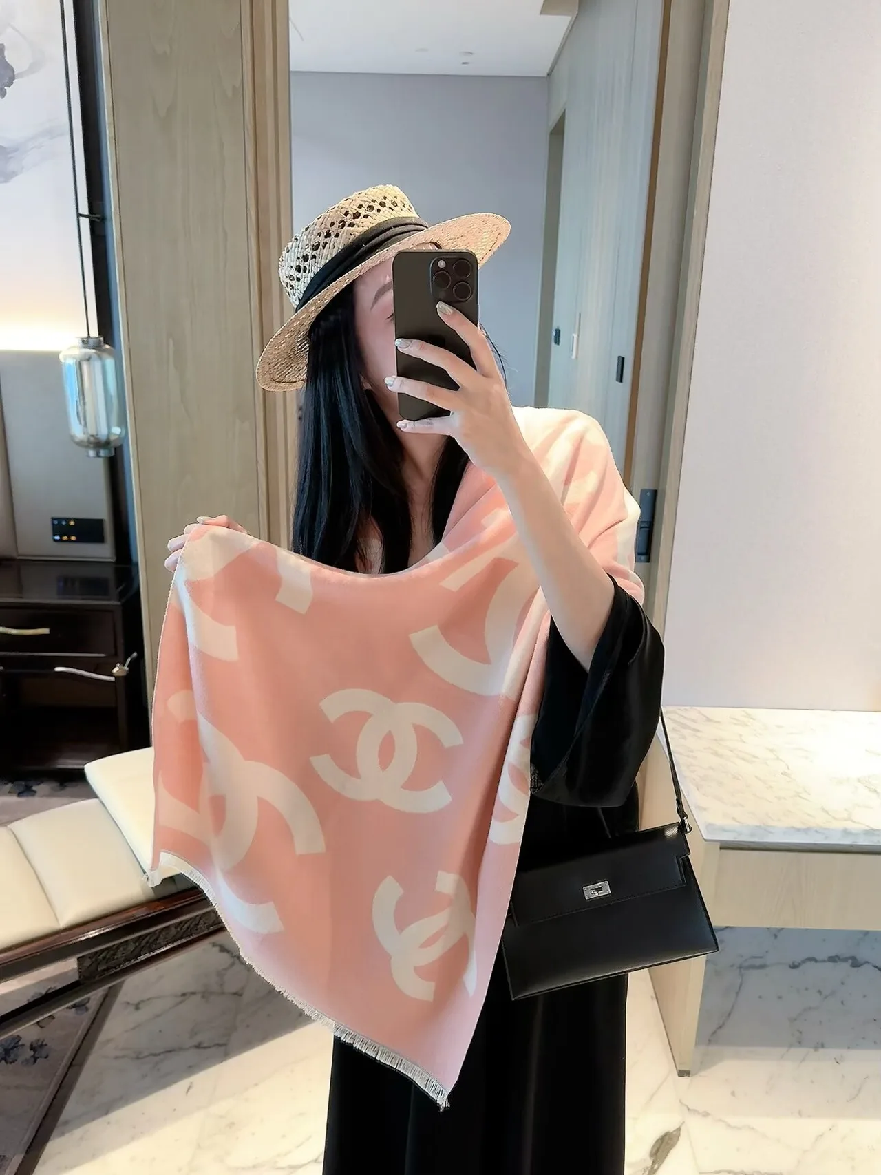 Chanel CC Jacquard Scarf in Pink & Cream · view 4