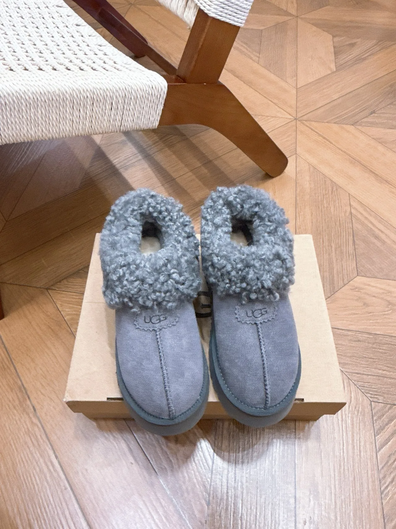 UGG Cowhide Wool Suede-Look Slippers in Grey · view 1