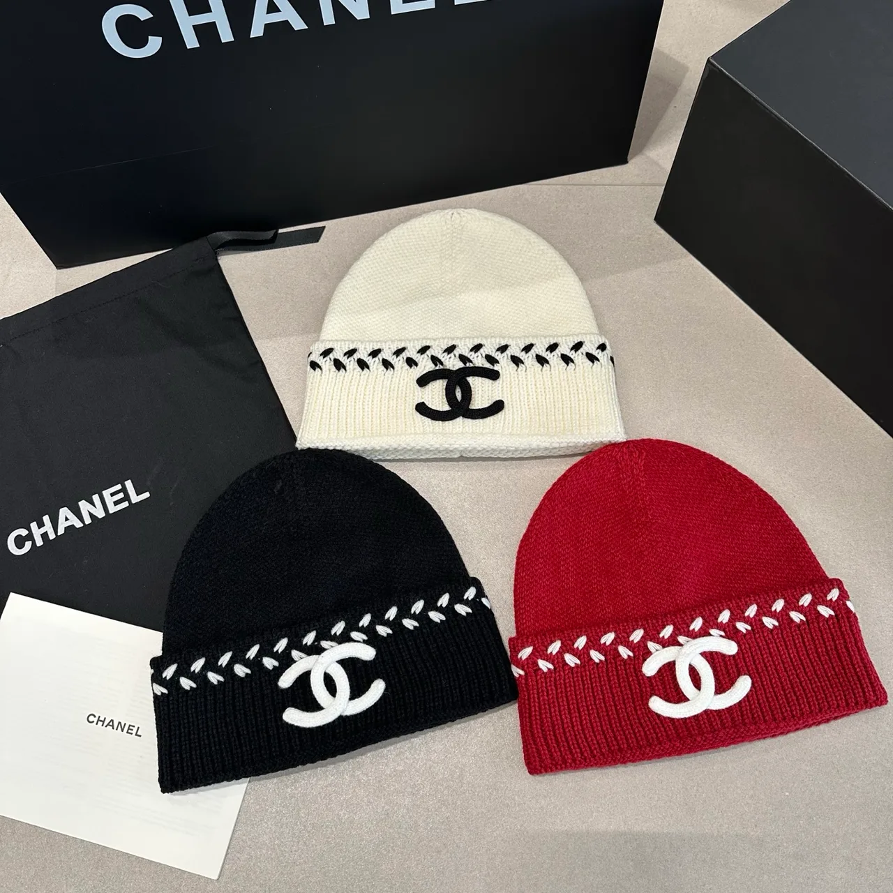 Chanel Beanie in White & Black & Red · view 4