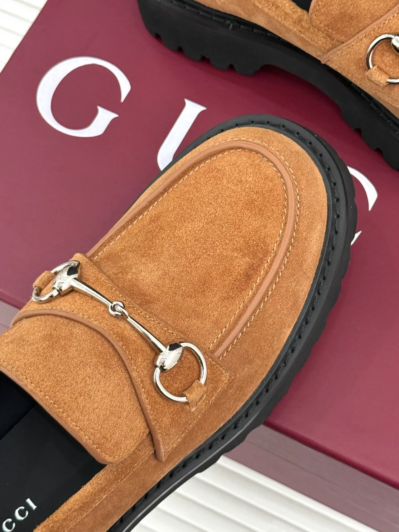Gucci Glossy Suede-Look Round-Toe Loafers in Tan · view 7