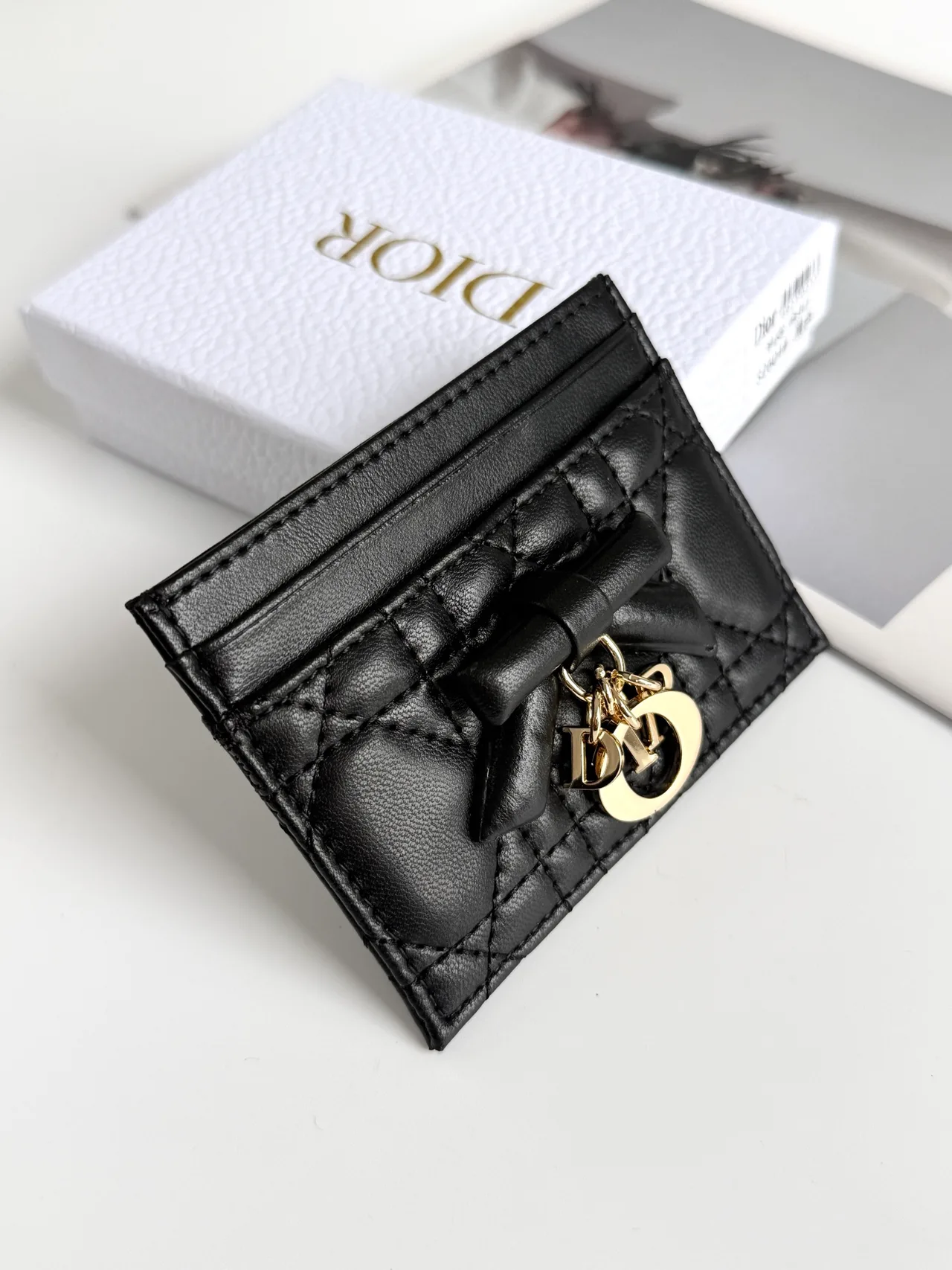 Dior Lambskin Quilted Bow Cardholder in Black · view 3