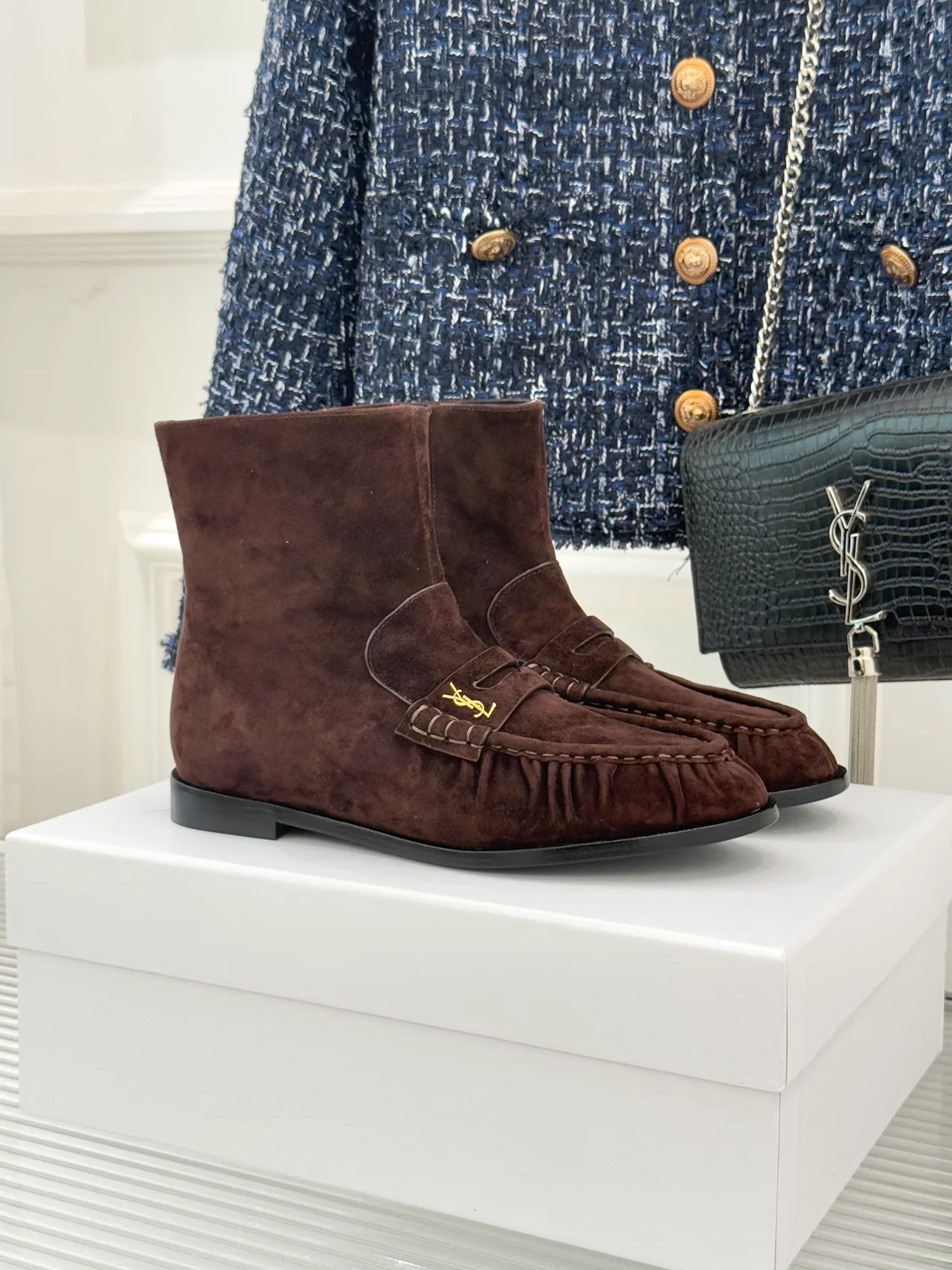 Saint Laurent Suede-Look Round-Toe Ankle Boots in Brown · view 1