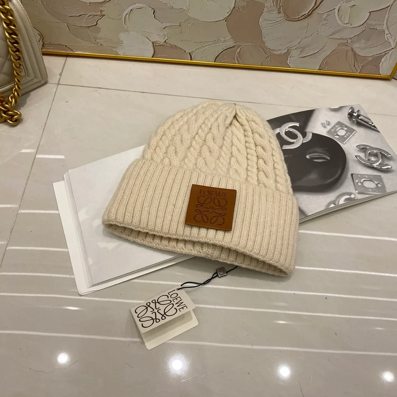 Loewe Cable knit beanie in Black & White & Cream & Brown & Grey & Burgundy · view 3