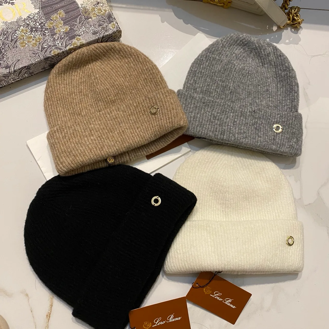 Loro Piana Beanie in Black & Beige & Grey & Brown & Pink & Burgundy · view 7