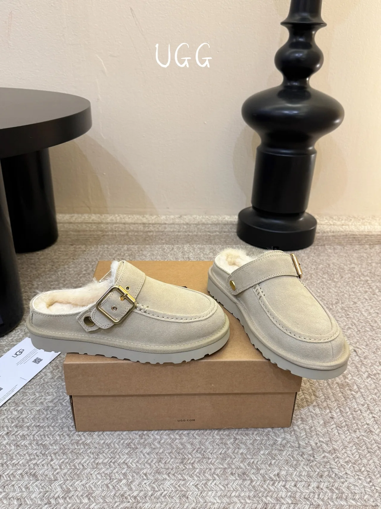 UGG Wool Suede-Look Buckle Lined Loafer Mules in Beige · view 5