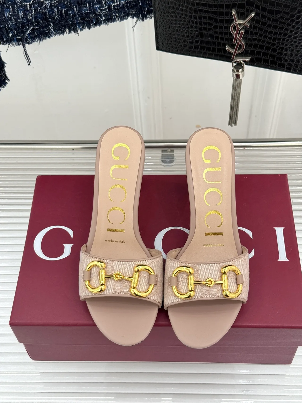 Gucci Canvas Denim Buckle Heeled Mules in Beige · view 4