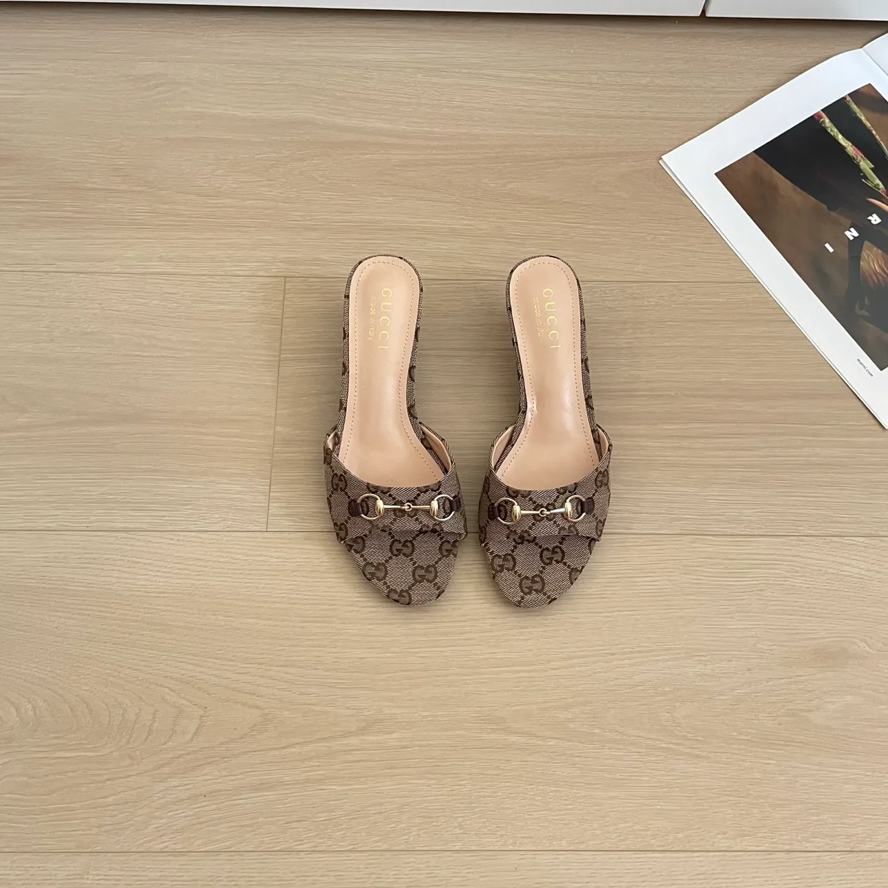 Gucci Canvas Square-Toe Buckle Mules in Brown · view 1