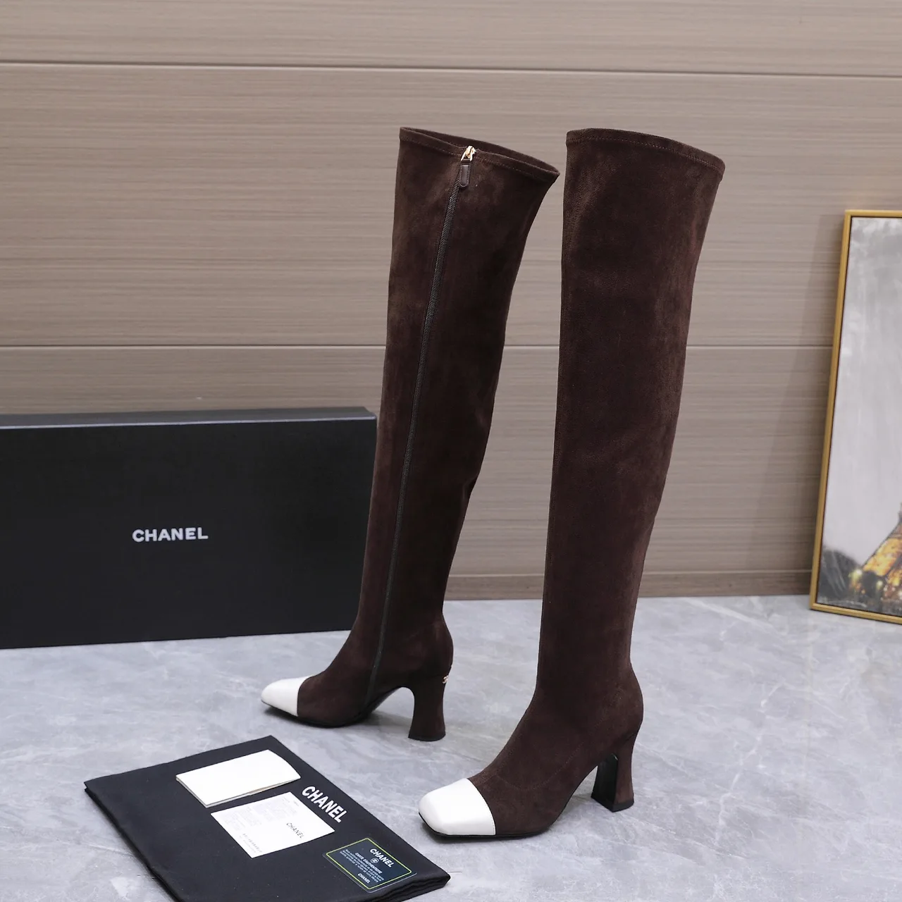 Chanel Cowhide Toe-Cap Knee Boots in Brown · view 1